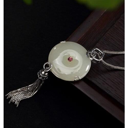 2018 Hot Sale S925 Pure Silver Hetian Jade White Jade Inlay Peace Clasp Tassel Ms High-grade Sweater Chain Pendant Wholesale