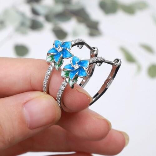 2020 New Elegant Female Enamel Floral Zircon Hoop Earrings Blue Blooming Flower Hoop Earrings Women Fashion Jewerly
