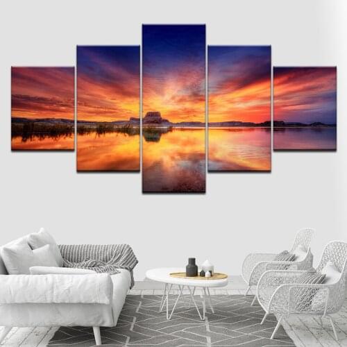 5 Panel Lake view Painting Sunset fire burning cloud Landscape Home Decor Wall Art HD Print Picture For Bedroom decoration