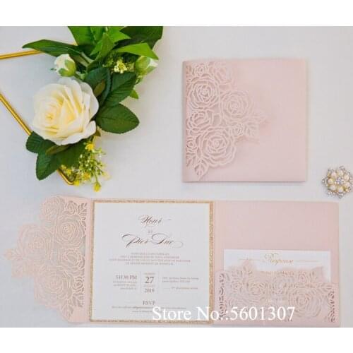 50pc Pink Rose Flower Laser Cut Wedding Invitation with Rose Gold Glitter Bottom and RSVP DIY Custom Print Cards For Anniversary