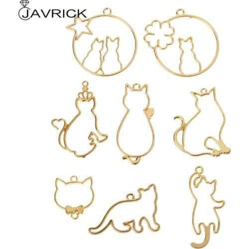 8Pcs Cute Cat Pendant Metal Frame Jewelry Making UV Resin Charms Bezel Setting