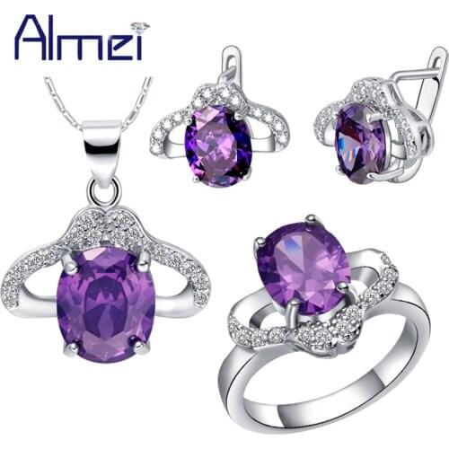 Almei Silver Color New Women Fashion Wedding Bridal Jewelry Set Earring Ring Necklace Round Conjunto Prata Brincos Joyas T461