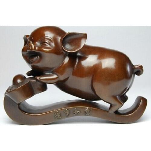 Chinese Red Copper Art Decoration Fengshui Mascot Ruyi Zodiac Animal Pig Statue