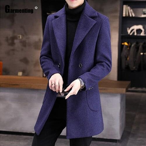 Garmenting Mens Wool Blends Long Coats Kpop New Winter Warm Jackets Double Breasted Pocket Outerwear Blue Gray Men Clothing 2021