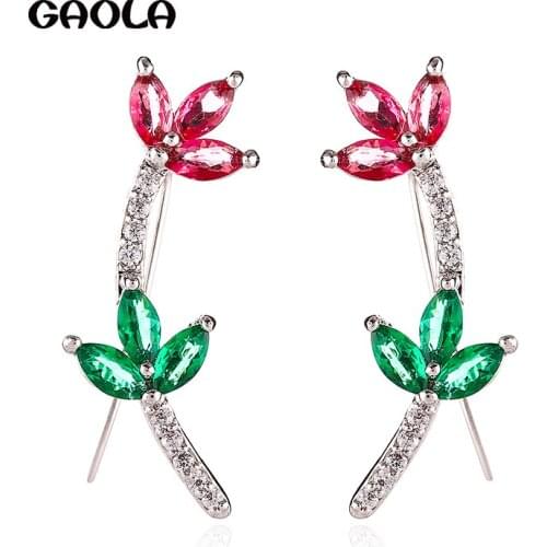 GAOLA Color Flowers Small Earrings Color Retention Micro-set Shiny Zircon Temperament Wild Long Curved Flower Accessories E6528