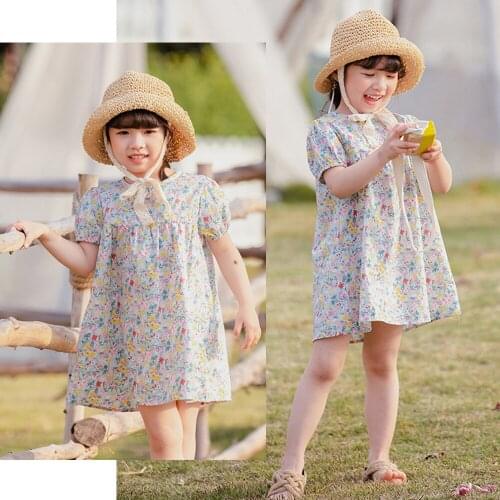 2020 Girls Printed Flower Dress Cute Summer New Puff Sleeve Clothes Korean Floral Girl Casual Dress Kid Birthday Party Dress
