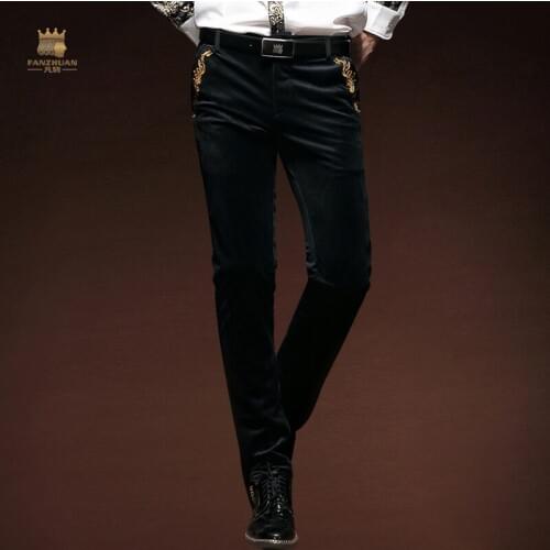 FANZHUAN Mens male man New Dress Embroidery Banquet Wedding Fashion Slim Black Red Autumn Winter Straight Pants trousers 14844
