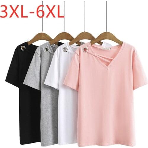 New 2021 Ladies Summer Plus Size Top For Women Large Short Sleeve Loose Cotton Pink White Hole V-neck T-Shirt 3XL 4XL 5XL 6XL