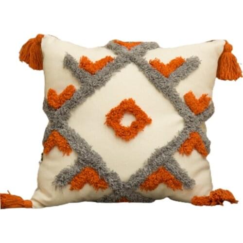 2021 New Nordic Style Orange Gray Tufted Throw Pillow Case with Tassel Boho Woven Geometric Striped Square Cushion Cover Decor
