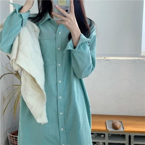 Single Breasted Long Midi Dress Corduroy Party Dress Loose Vintage Casual Korean 6 Colors Pockets A-Line Long Sleeve Office Z158