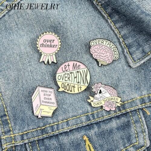 Overthink Pins Pink Brain Medal Skull Dialog Book Badges Overthinker Brooches Jacket pins Overthink Club Jewelry