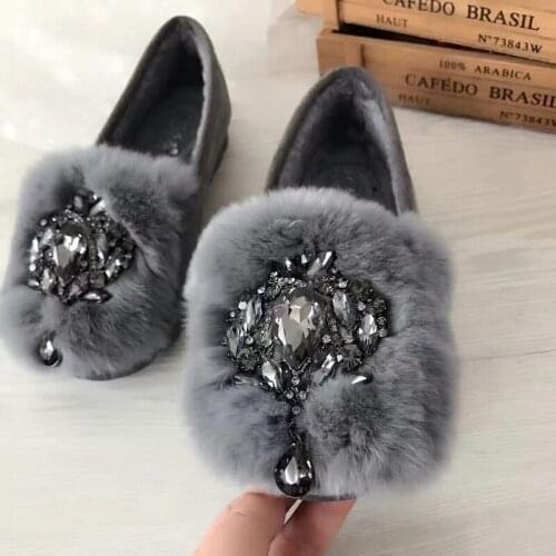 Luxury Glitter rhinestone moccasins ladies flat heels platform plush loafers comfort slip-on espadrilles warm winter shoes women