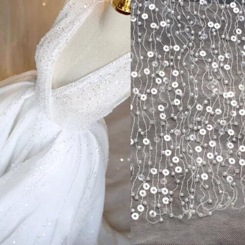 Handmade Beads Sequins Embroidery Embroidered Mesh Transparent Fabric Wedding Dress Diy Material Dress Decorative Cloth RS308