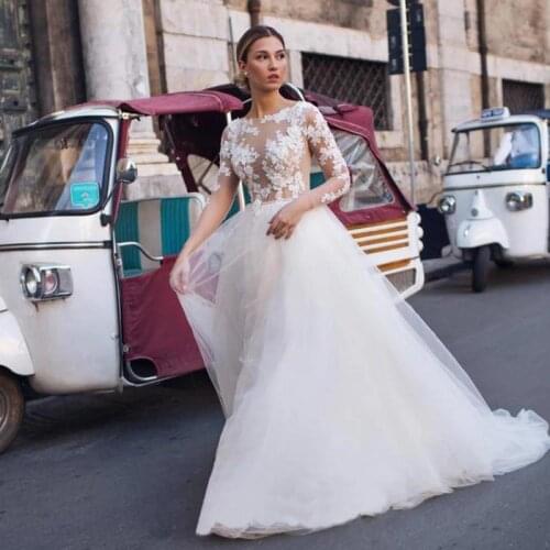 Vestido De Noiva Long Sleeve Wedding Dresses Sexy Illusion Wedding Gown Button Back Ball Gown Robe De Mariee