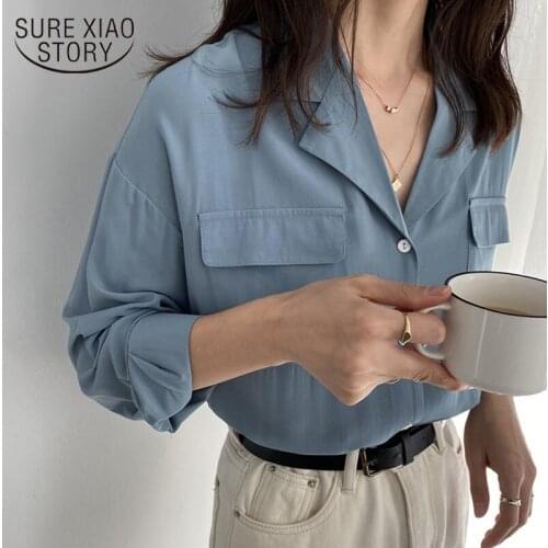 Blouse Women New French Lapel Korean Loose 2020 Autumn Neutral Minimalism Shirt Long Sleeve Chiffon Blouse Chemisier Femme 10945
