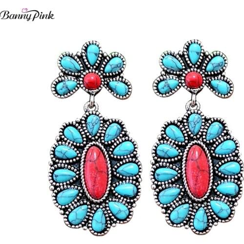 Banny Pink Indian Turquoises Earrings For Women Stone Cluster Vintage Geo Chandelier Brincos