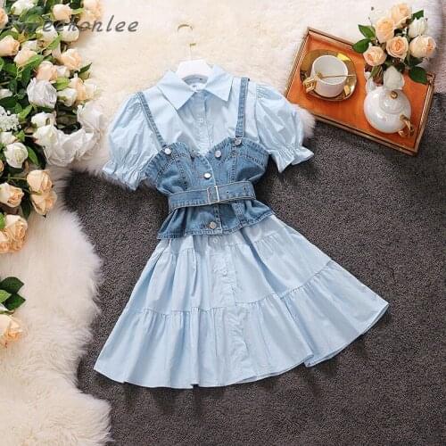 2021 Summer New Fashion Korean Two Piece Sets Turn Collar Lotus Leaf Sleeve Shirt Dress + Suspender Denim Vest Suits Women