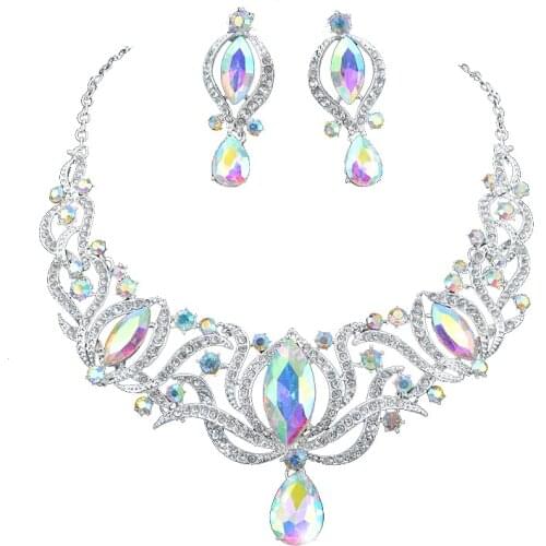 High quality india style silver color Jewelry sets bridal necklace earrings set women wedding party AB color jewelry accessories