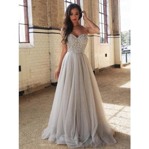 Silver Crystals Sweetheart Prom Dresses 2021 Spaghetti Straps Beaded Formal Evening Dress Robe De Soiree