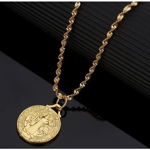 Gold Color Catholic Saint Benedict Round Medal Pendant Necklace Catholicism Charm Jewelry