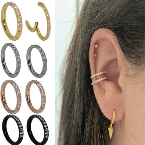 2Pcs Ear Cartilage Earring Septum Clicker Side Paved Zircon 316L Surgical Stainless Steel Nose Hoop Segment Ring Piercing