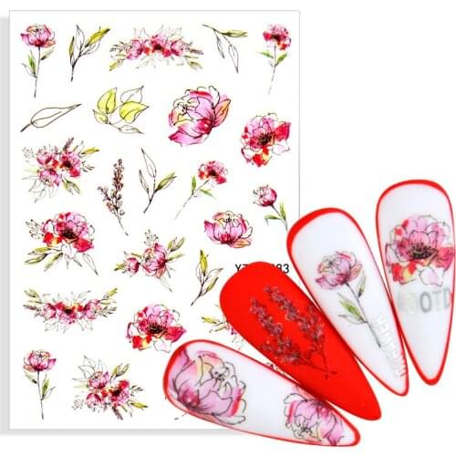 3D Adhesive Nail Stickers Hot Pink Blooming Flower Leaves Geometric Lines Transfer Water Sliders Manicures Decoration