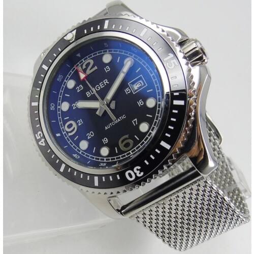 BLIGER 44mm Automatic Men Watch Rotating Bezel Date Window Mental Strap MINGZHU/MIYOTA Movement