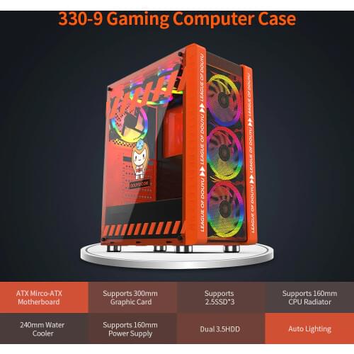 Pink/Orange 330-9 Gaming Computer Case Host Supports ATX MICROE ATX Motherboard 240mm Water Cooler Game Chassis Case RGB