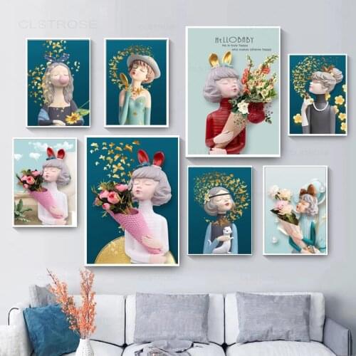 Cartoon Girls Flower Posters and Prints Nordic Home Decoration Canvas Painting Beauty Art Modular Wall Pictures for Living Room