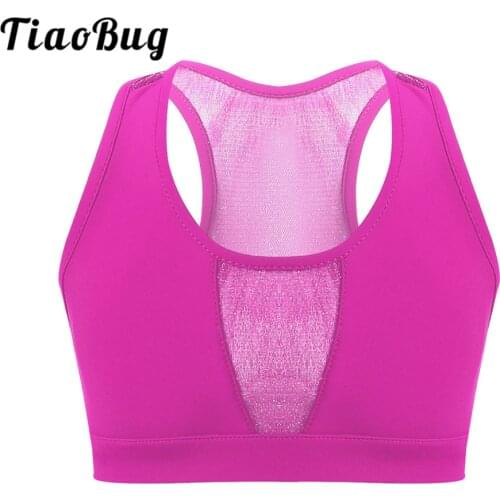 Kids Solid Color Sleeveless Racerback Stretchy Mesh Splice Crop Tops Girls Ballet Gymnastics Tops Stage Performance Dance Wear
