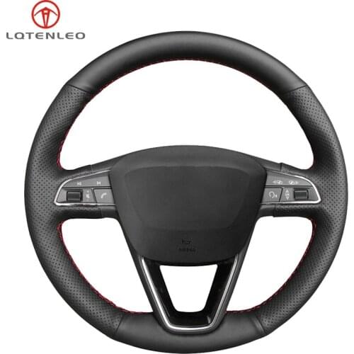 LQTENLEO Black Genuine Leather Car Steering Wheel Cover For Seat Leon 5F Mk3 2013-2019 Ibiza 6J Arona Ateca Alhambra 2016-2019