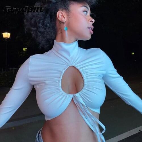 Gtpdpllt Fashion High Neck White T Shirt Women Lace-UP Hollow Out Slim Crop Tops Women 2020 Bandage Spring Black T-shirts Long