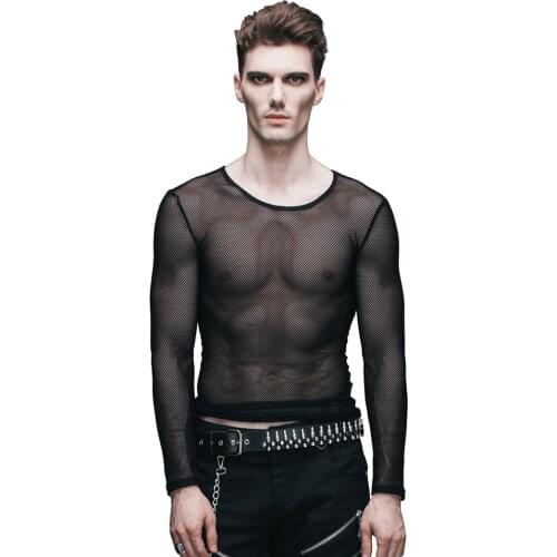 Devil Fashion Steampunk T Shirt Men Sexy See-through T-Shirt Gothic Black O-Neck Long Sleeve Stretch Mesh Tshirt Tee Tops