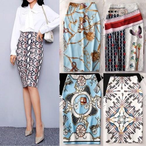 Ready Stock Fashion Women Elastic High Waist Pencil Skirts Midi Skirt Women Printed Print Midi Skirt