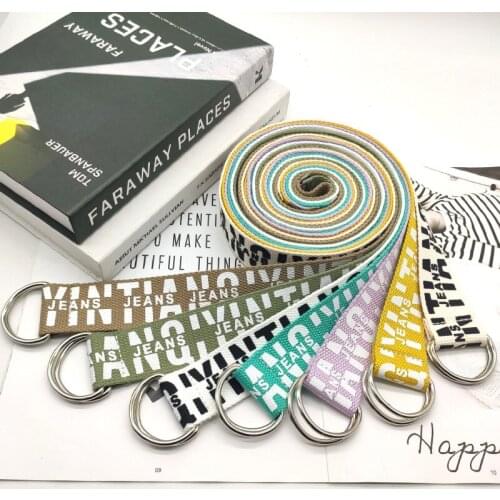 Fashion Trend Simple Design D-Shaped Metal Double Buckle English Printed Canvas Belt for Men and Women Student Belt