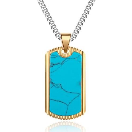 Stainless Steel Gold Turquoises Mens Punk Rock Dog Tag Pendant Necklace Jewelry Gift For Him with Chain