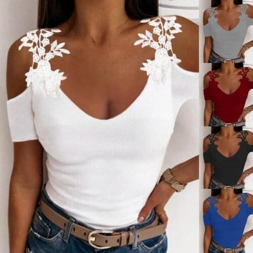 New Sexy T-shirt Womens Strapless T-shirt Shirt Summer U-neck Solid Color Tops Plus Size Lace T-shirts Tops Short-sleeved Shirt