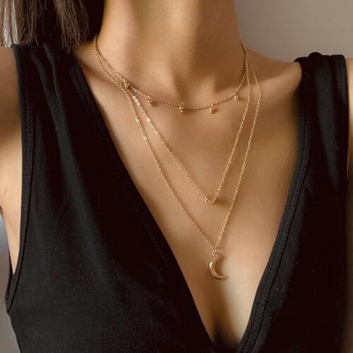 New Ins Simple Temperament Star Moon Alloy Necklace Female Retro Hip-hop Fine Copper-clad Iron Multi-layer Clavicle Chain 2021