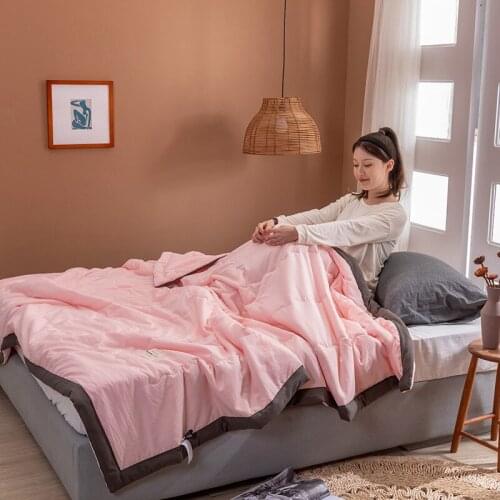 2021 New Summer Gray Air Condition Quilts duvet with little white Pompons bed linens Washed cotton throw blankets Solid bedding