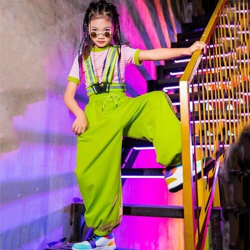 Girls Clothes Luminous Stripe Strap Top Fluorescent Green Trousers Rave Ouftfit Kids Jazz Dance Costume Hiphop Streetwear XS2547