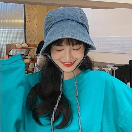 Chic Designer Vintage Hooded Bucket Hat Women Lolita Jean Cap with String Spring Summer Denim Princess Hats Sun Protection