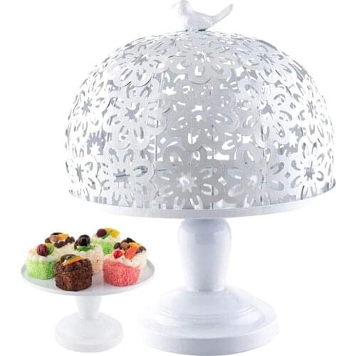 Wedding Cake Stand Round Cupcake Stands White Metal Dessert Display with Flowers Hollow Out and Beautiful Bird HandleDome Cover