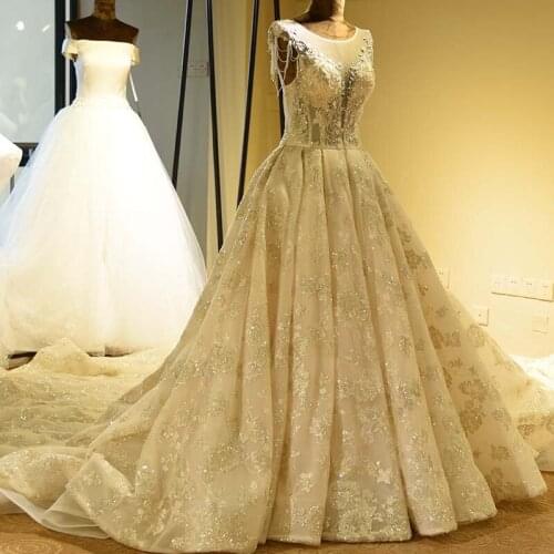 Luxury Beaded Lace A Line Wedding Dresses Lace O Neck Crystal Beading Bridal Gown Vestidos De Noiva