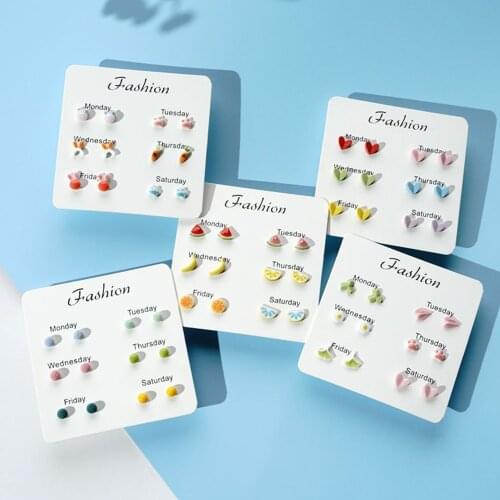 Fashion Stud Earrings Set For Women Statement Heart Star Fruit Flower FruitCeramic One Week Minimalist Earrings Set Gift