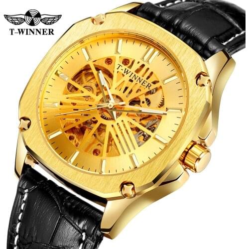 T-winner Mens Fahionable Sport Brand Self-winding Mechanical Analogue Dial Wristwatch with Genuine Lether Strap WRG8182M3