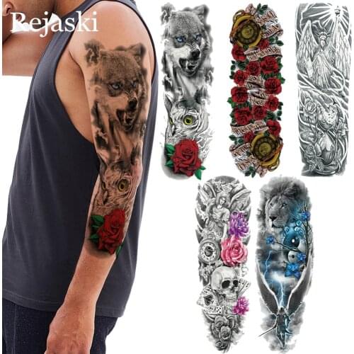 Blue Eye Wolf Forest with Owl Rose Full Arm Temporary Tattoo Stickers Women Body Art Sleeve Fake Tattoo Shoulder Men Totem Tatoo