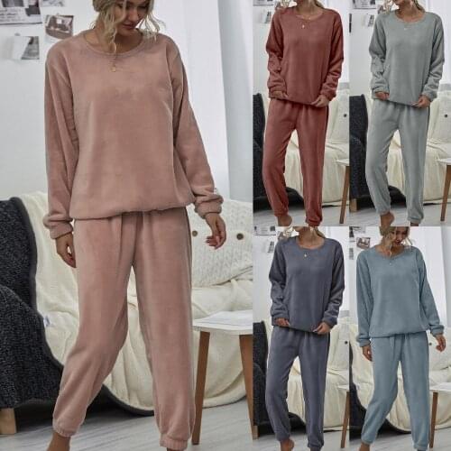 Women Autumn Winter Fashion Blouse + Pants Plush Blouse Warm Pants Loungwear Tracksuit Two Piece Outfit Warm Clothes For Female