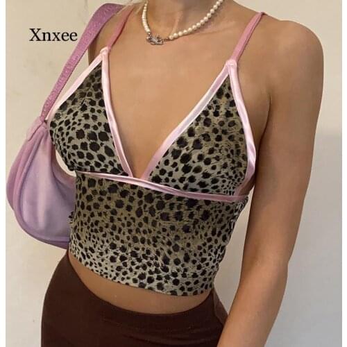 Womens Leopard Sexy Camis Crop Top V Neck Backless Hollow Out Bandage Camisole 2021Autumn Slim Fashion Casual Vest Top