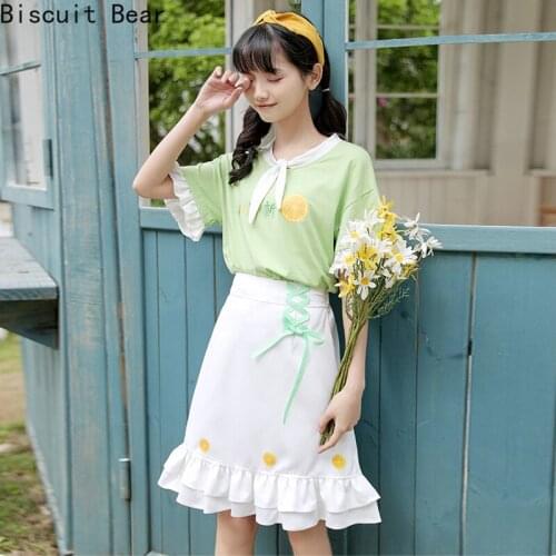 Summer Sweet Style Women Sets 2 Piece Set Lemon Printed Bow-Tie T Shirts And Ruffles Lace Up Skirts Suit Girls Outfit S-XL
