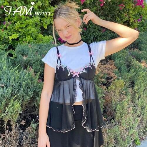 Goth Mesh Lace Patched Y2K Crop Top Women Pink Bow Milkmaid Sleeveless Camisole Ruched Transparent Sexy Cute Clothes 90 Iamhotty
